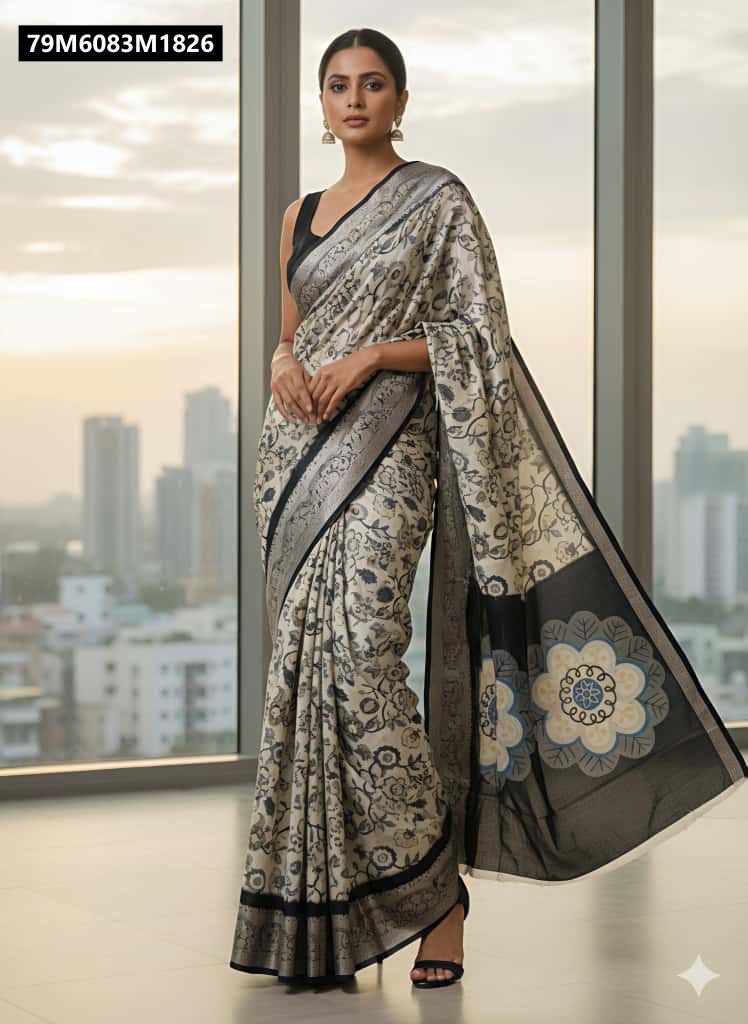 Full-length shot of a model confidently showcasing the TRENDBUY Cream & Black Floral Digital Print Saree, standing by a window with city views.