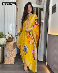 TRENDBUY Embroidered Organza Jacquard Kurti Set with Printed Dupatta