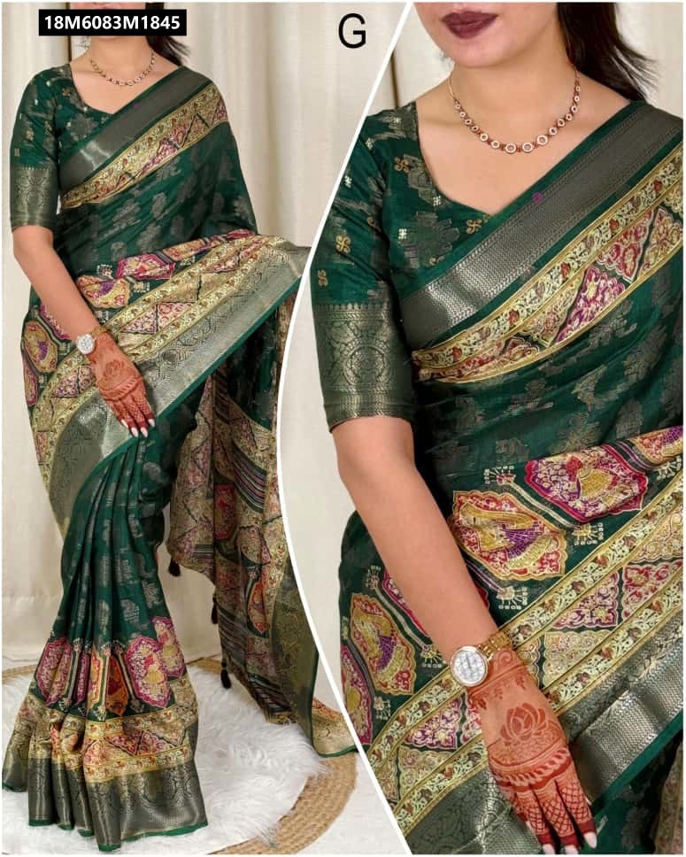 TRENDBUY Green Georgia Silk Saree on a model, showcasing its flowing drape, Rajwadi print, and Zari jacquard elements.