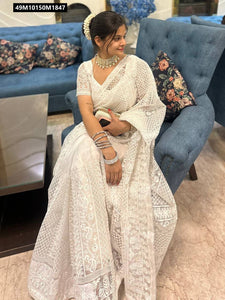 TRENDBUY Ethereal White Pure Organza Saree with Exquisite Thread and Sequin Embroidery