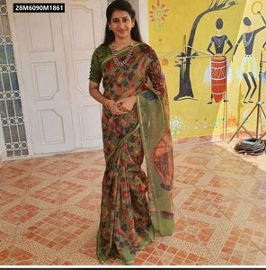 TRENDBUY Linen Digital Print Saree with Kalamkari & Zari Woven Border