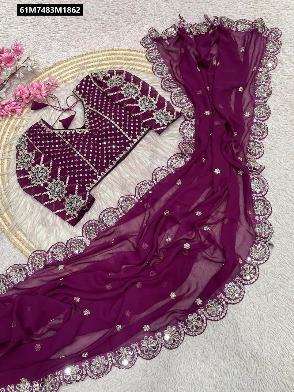 TRENDBUY Fox Georgette Saree Set in Deep Violet with intricate embroidery and original mirror work, showcasing the pallu and matching stitched blouse.