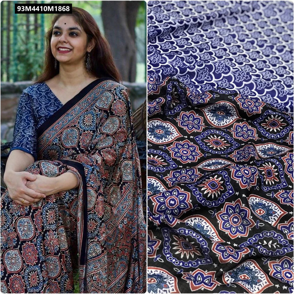 A split image showing a smiling woman gracefully draped in the TRENDBUY linen saree with its black, blue, red, and white print, sitting outdoors on a decorative bench, alongside a close-up of the saree's vibrant patterned fabric and the blue blouse material.