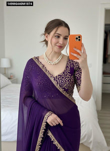 TRENDBUY Amethyst Purple Rangoli Silk Saree with Gold Embroidery & Unstitched Blouse