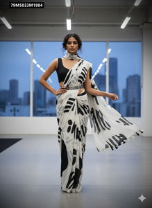 TRENDBUY Celebrity Chic Black & White Digital Print Georgette Saree Collection