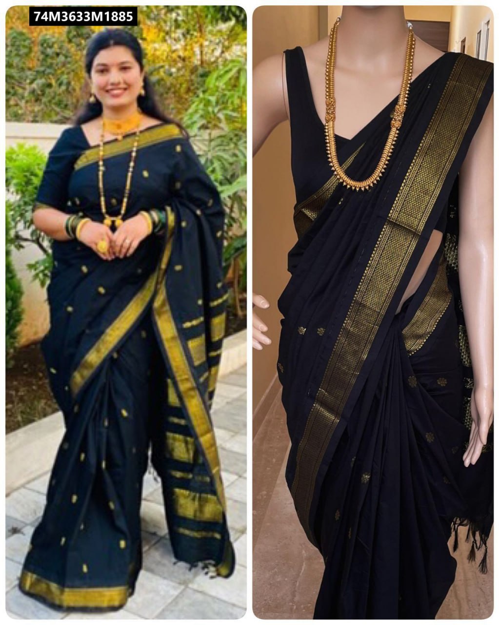 Woman wearing a Black Lichi Silk Saree with broad golden jacquard border and gold motifs, draped elegantly.