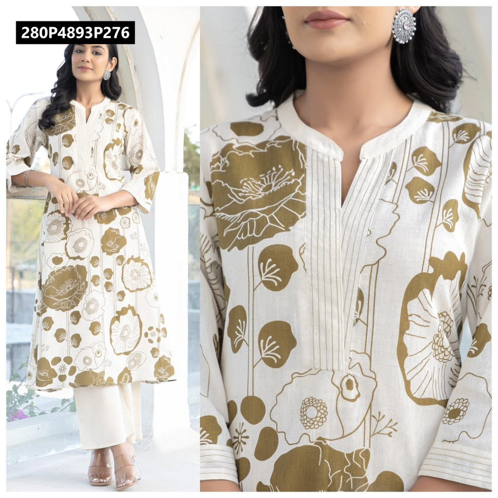 TRENDBUY white poly rayon kurti with olive green floral digital print and matching palazzo on model