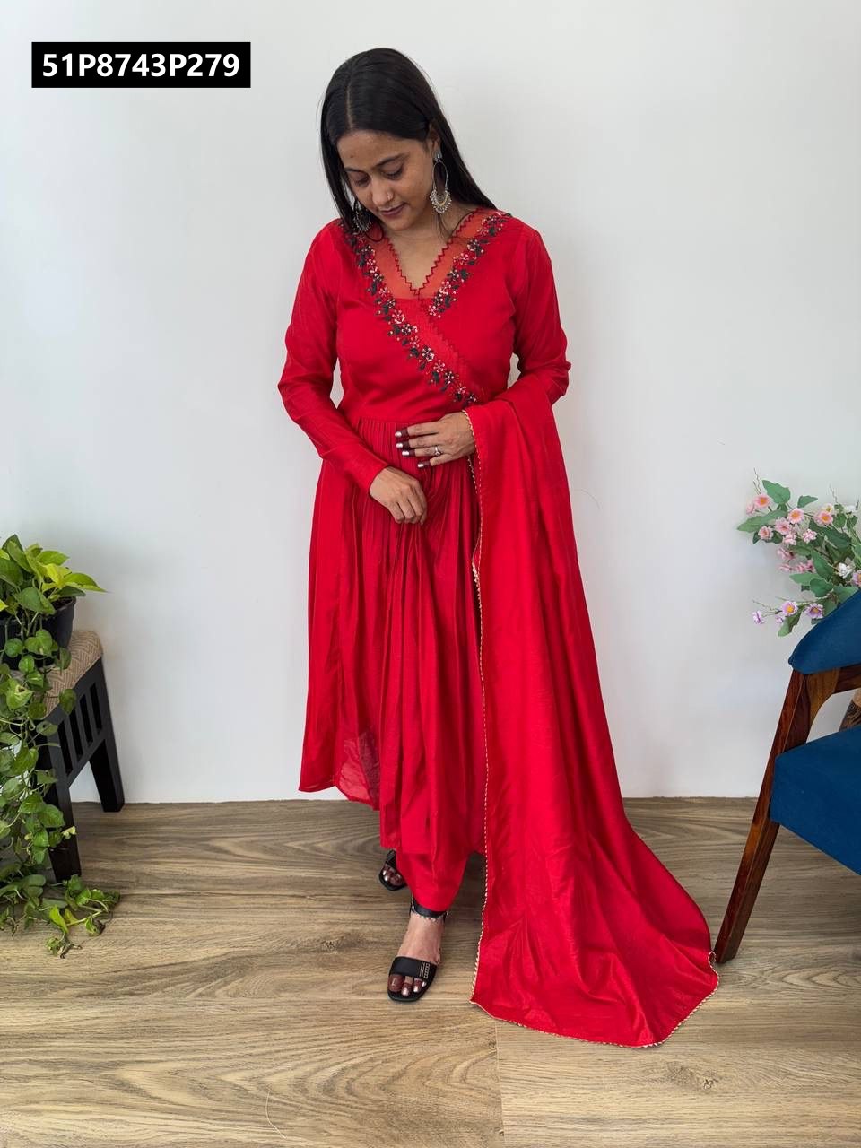 Elegant woman standing in TRENDBUY Cherry Red Mul Cotton Chanderi embroidered gown set, showcasing full length outfit