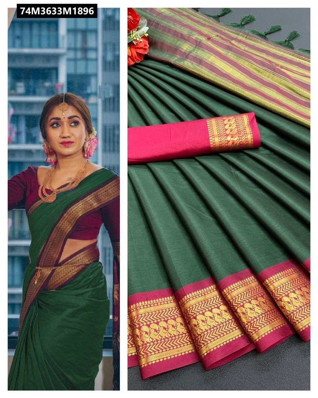 TRENDBUY Aura Mercerised Cotton Silk Saree in deep forest green with vibrant pink border and blouse, showcasing gold motif detailing.
