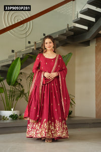 TRENDBUY Embroidered Chinnon Gown with Zari Sequin Work & Dupatta