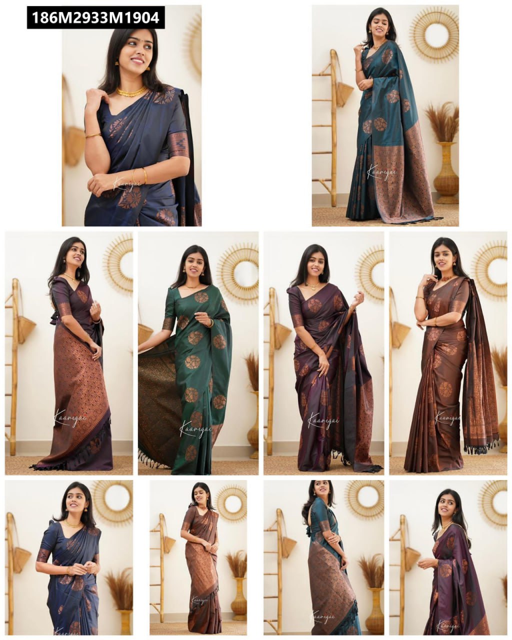 Full shot of a woman in a dark petrol blue Banarasi silk saree with gold zari floral motifs, standing elegantly.