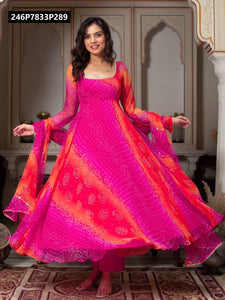 TRENDBUY Elegant Pink & Orange Bandhani Fox Georgette Gown & Dupatta