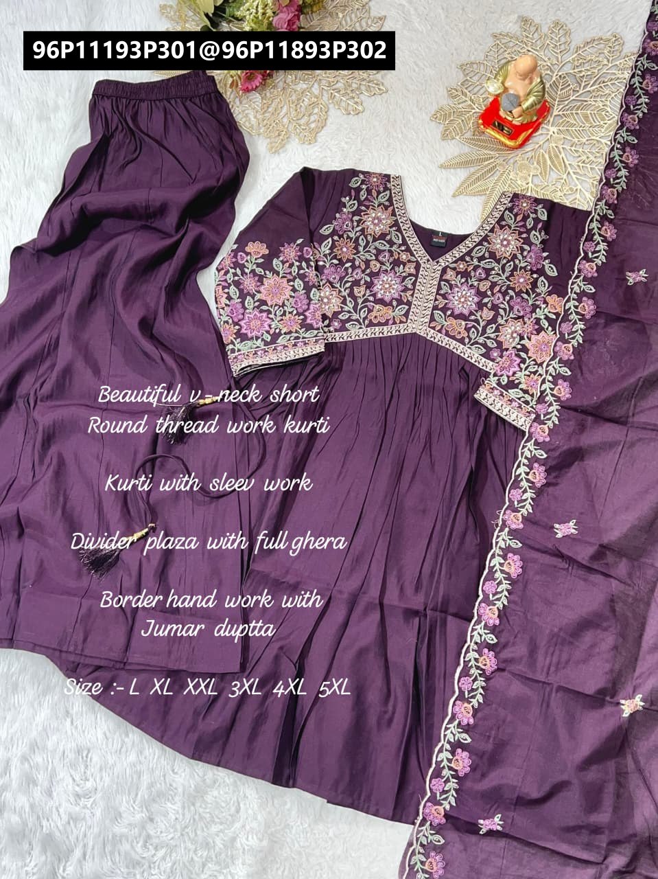 TRENDBUY Deep Purple embroidered V-neck kurti, Afghani palazzo, and Jumar dupatta flat lay on a white fluffy surface with golden decor.