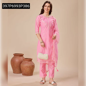 TRENDBUY Elegant Pink Hand Embroidered Viscose Silk Kurta Set with Dupatta