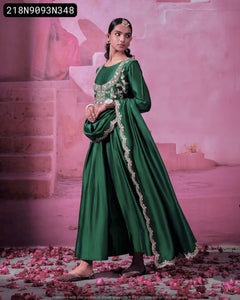 TRENDBUY Green Embroidered Chinon Silk Gown with Koti Jacket & Dupatta