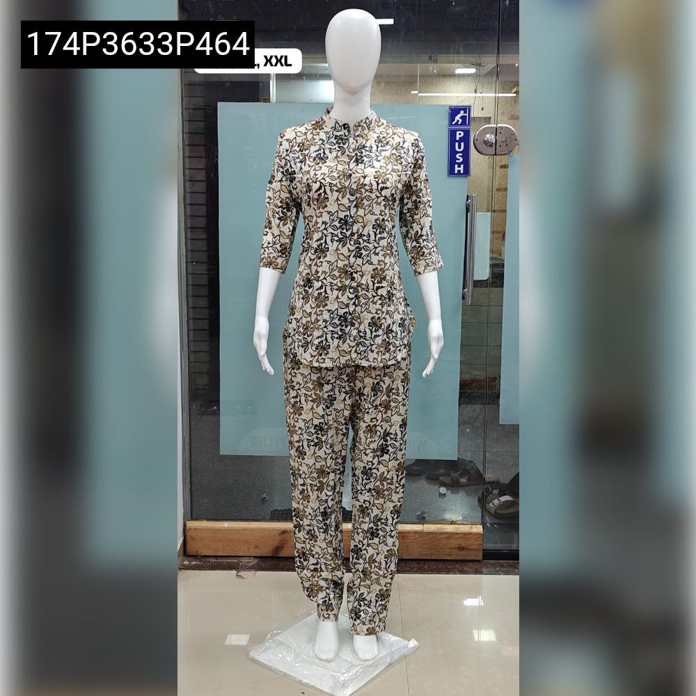 TRENDBUY Women's Cream Floral Foil Print Co-ord Set, top with 3/4 sleeves and matching pants, displayed on a mannequin.