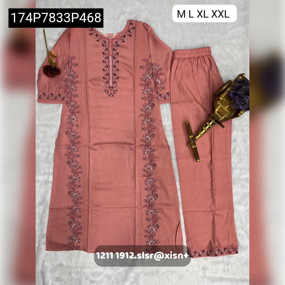 TRENDBUY Peach Heavy Viscose Silk Kurti Set with full embroidery hand work on kurti and sleeves, and matching pant with work, unfolded flat lay on white textured background.