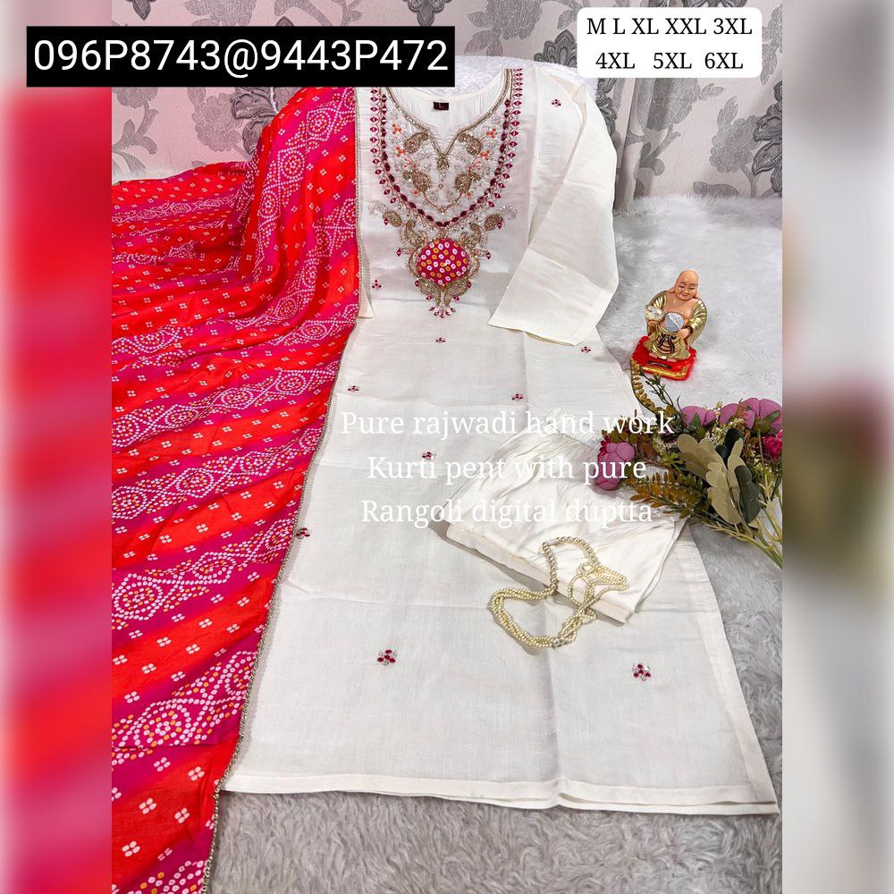 TRENDBUY off-white hand work kurti with red bandhej dupatta and matching straight pants, displayed flat lay with small Buddha statue and flowers.