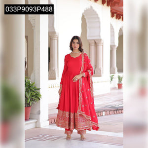 TRENDBUY Red Vichitra Silk Embroidered Anarkali Gown Set with Dupatta & Pant