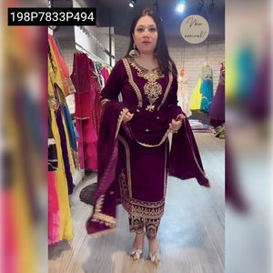 TRENDBUY Pure Viscose Velvet Embroidered Kurti Set with Dupatta