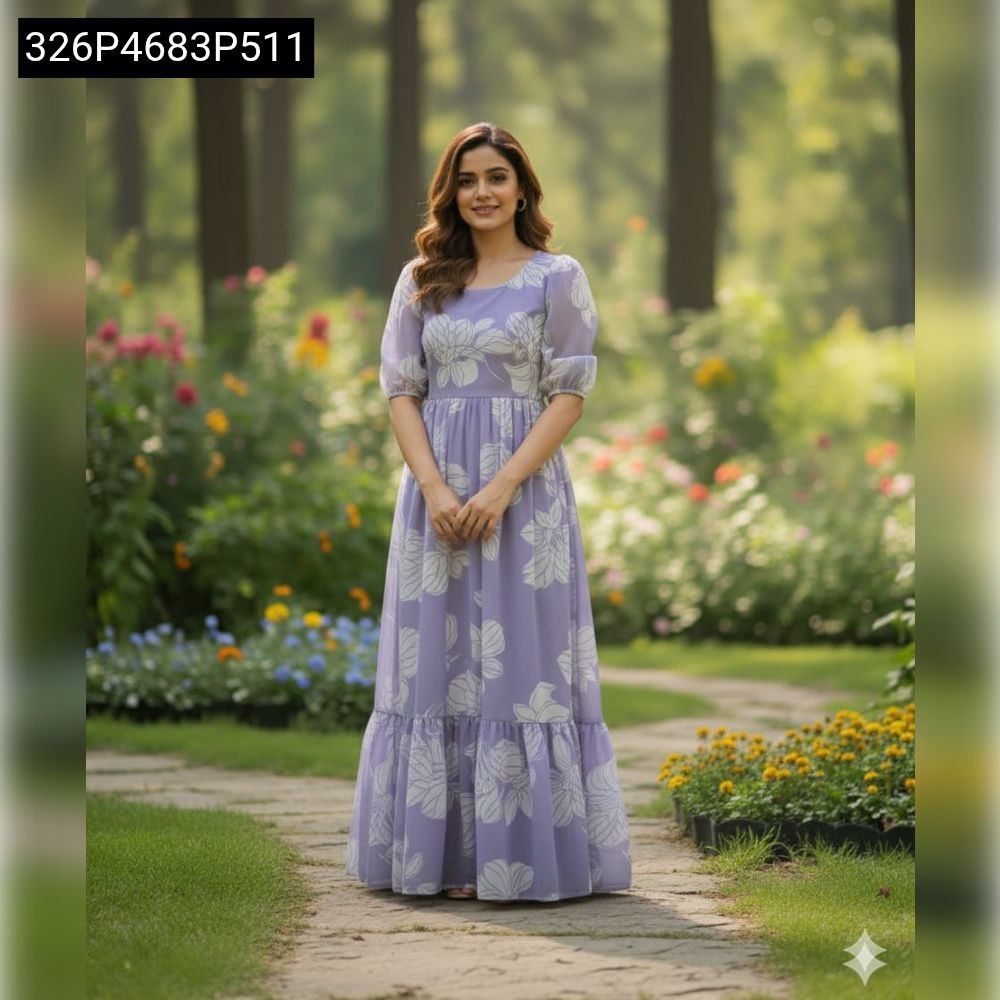 Model in Dusty Lavender floral midi dress, full front view, smiling brightly while standing on a garden path.
