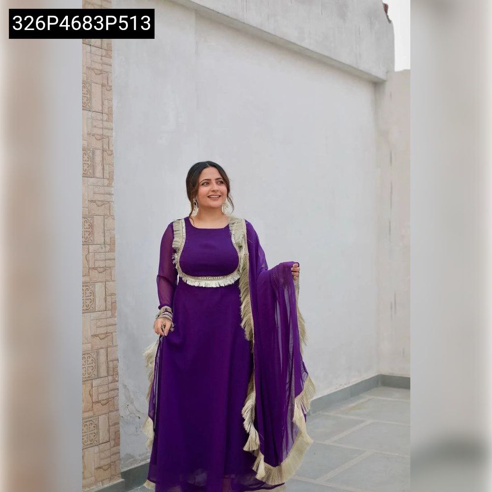 Smiling model in a full-length shot, showcasing the complete TRENDBUY Purple Fox Georgette Anarkali Gown Suit with dupatta and golden lace embellishments.