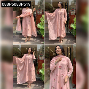 TRENDBUY Women's Blush Pink Embroidered Cotton Flared Kurta Set with Dupatta