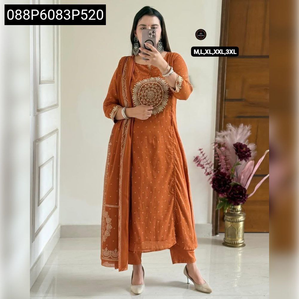 Model in TRENDBUY Rust Orange Anarkali Kurta Set with circular yoke embroidery and dot print, full body shot.