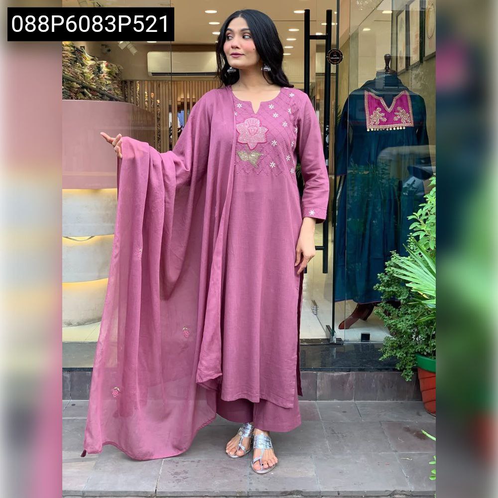 Full-body shot of model in TRENDBUY mauve pink embroidered cotton kurta pant dupatta set, standing elegantly.