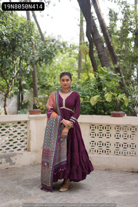 TRENDBUY Tiered Roman Gown with Mirror Work & Printed Dupatta
