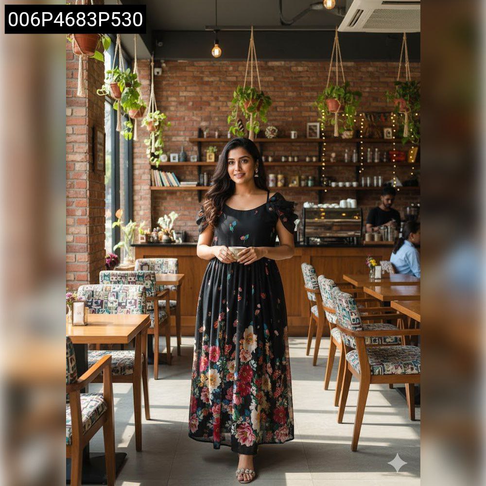 TRENDBUY model smiling confidently while standing in a stylish cafe, presenting the full design of the black multi-color floral georgette maxi dress.