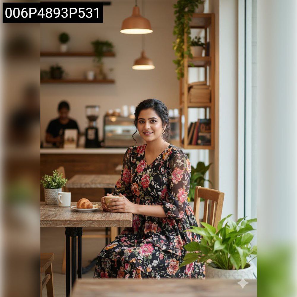 Woman in TRENDBUY black floral georgette maxi dress seated at a cafe table, enjoying a beverage.