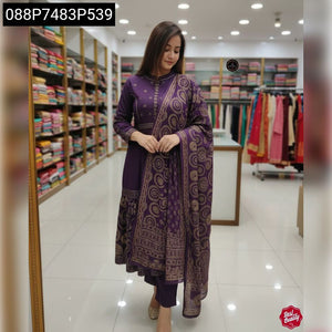 TRENDBUY Women's Plum Muslin Embroidered Kurti Set with Printed Dupatta