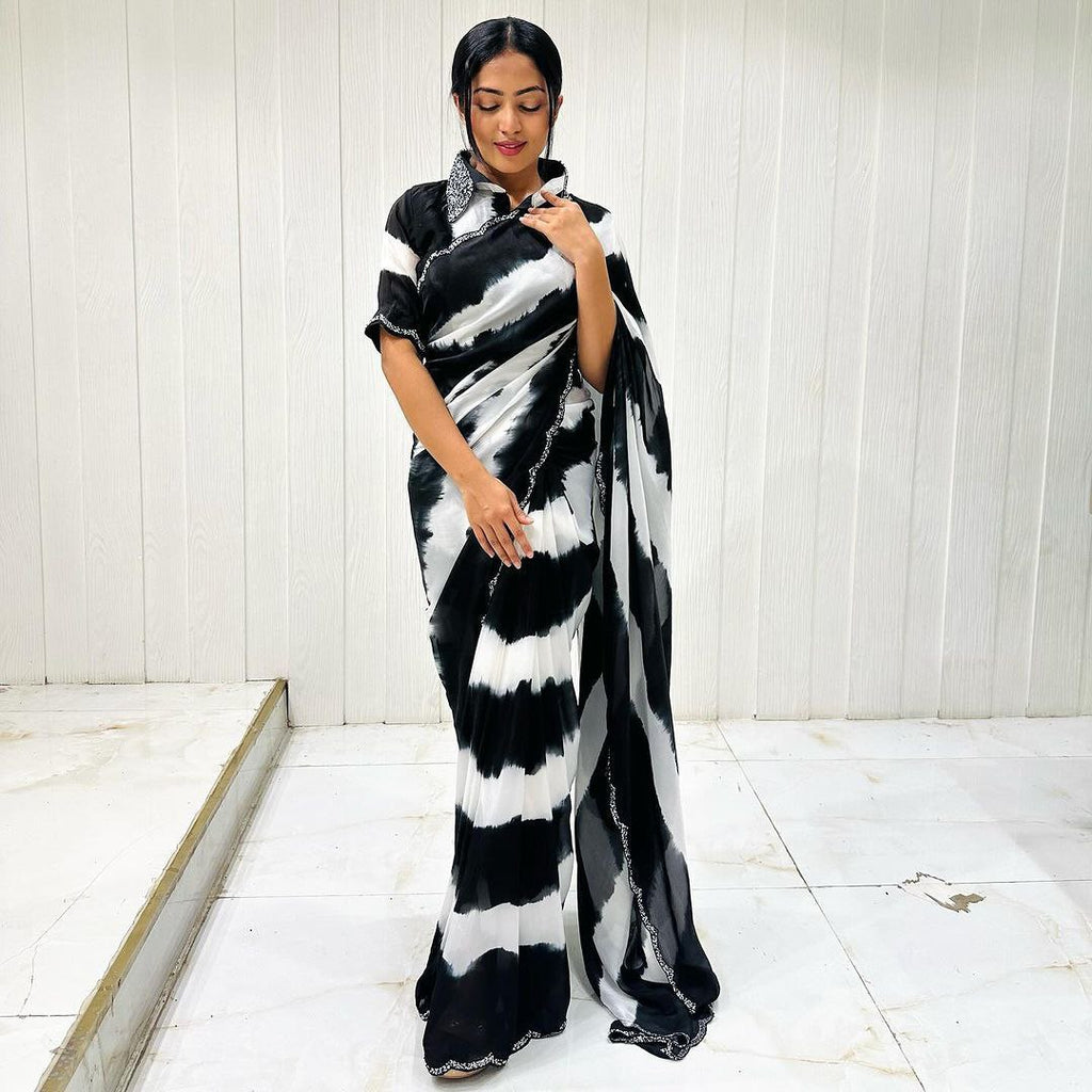 Chinon Handwork Saree with Digital Print Blouse