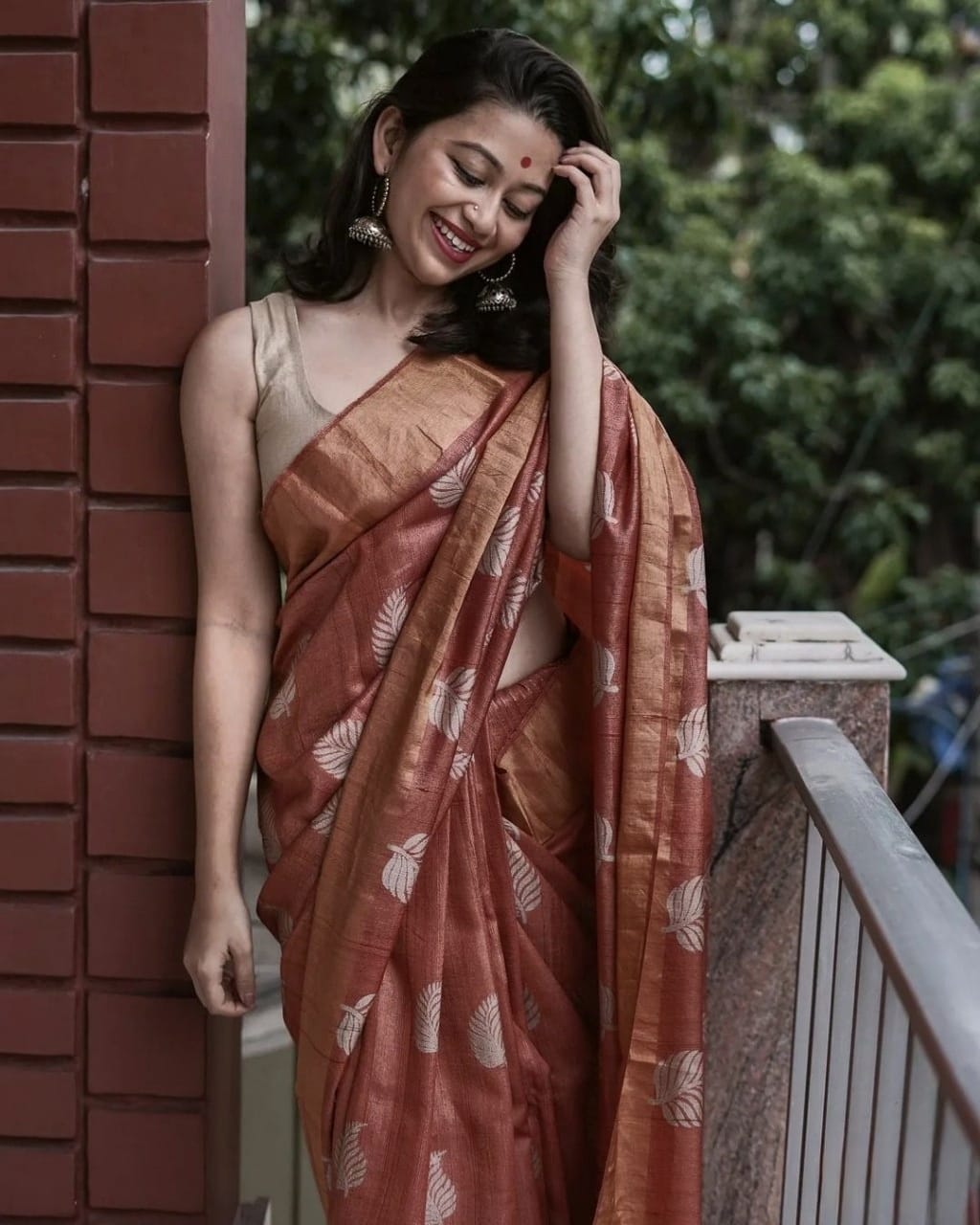 Banarsi soft silk saree with copper jari leaf weaving & Jacquard blouse