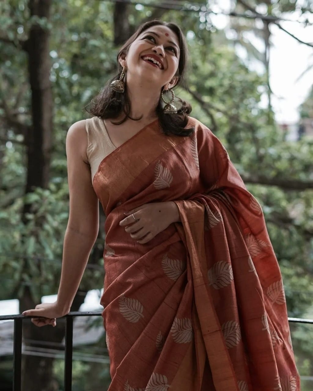 Exquisite Banarsi soft silk saree with copper jari leaf weaving and jacquard blouse