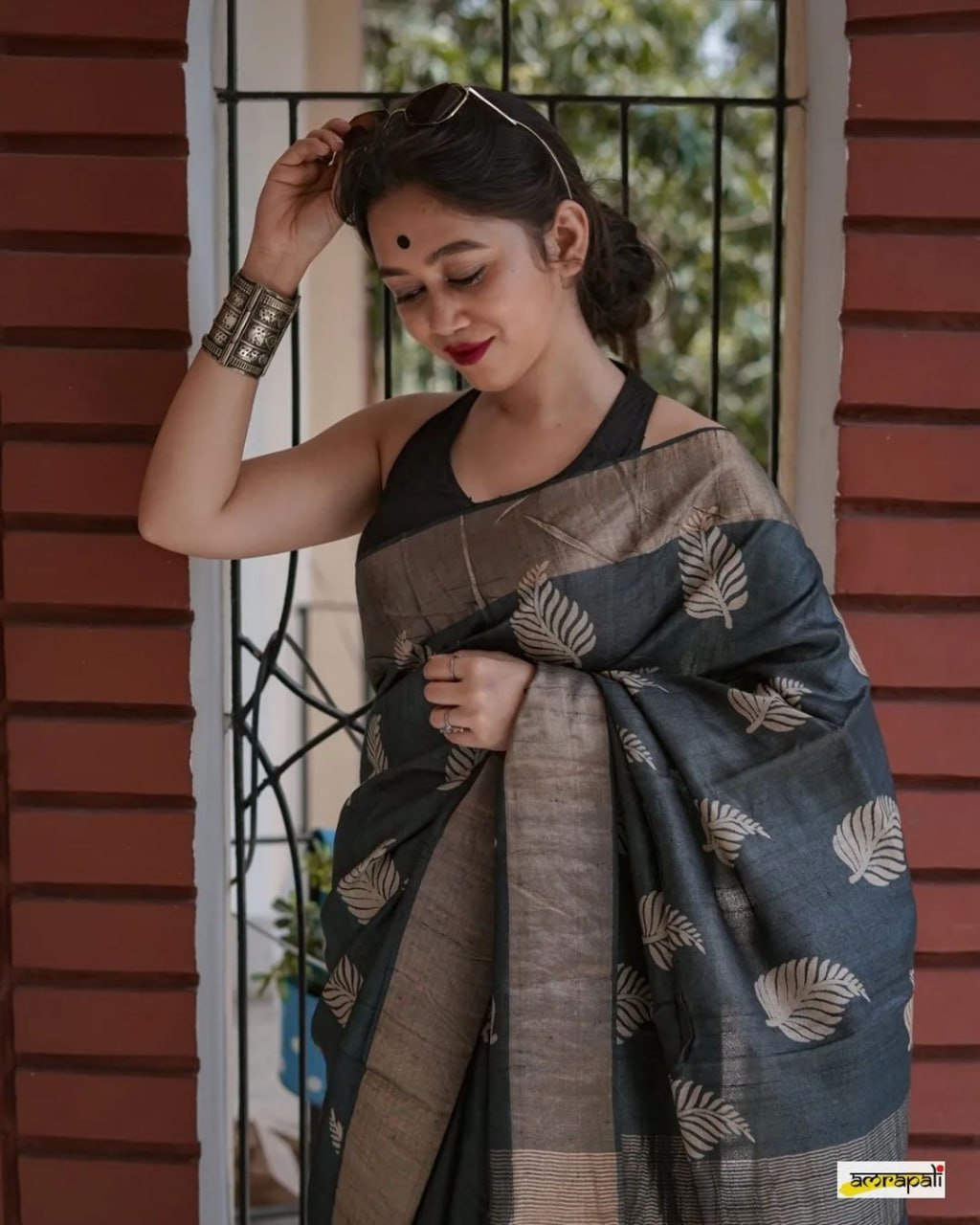 Banarsi Soft Silk Saree with Copper Jari Leaf Weaving & Jacquard Blouse