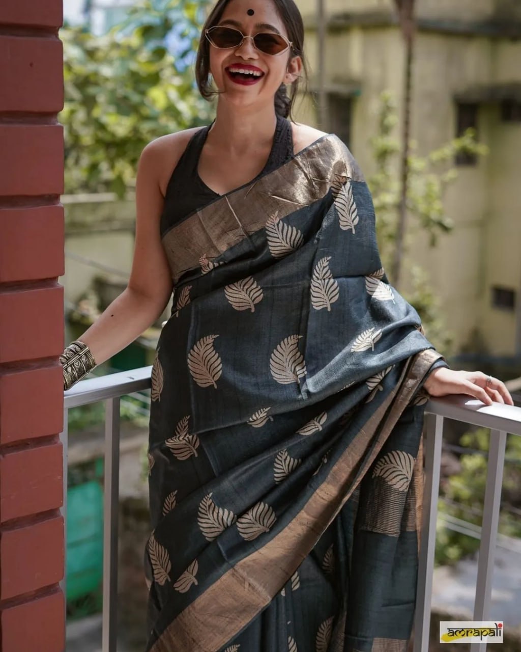 Banarsi soft silk saree with copper jari leaf weaving, paired with a jacquard blouse