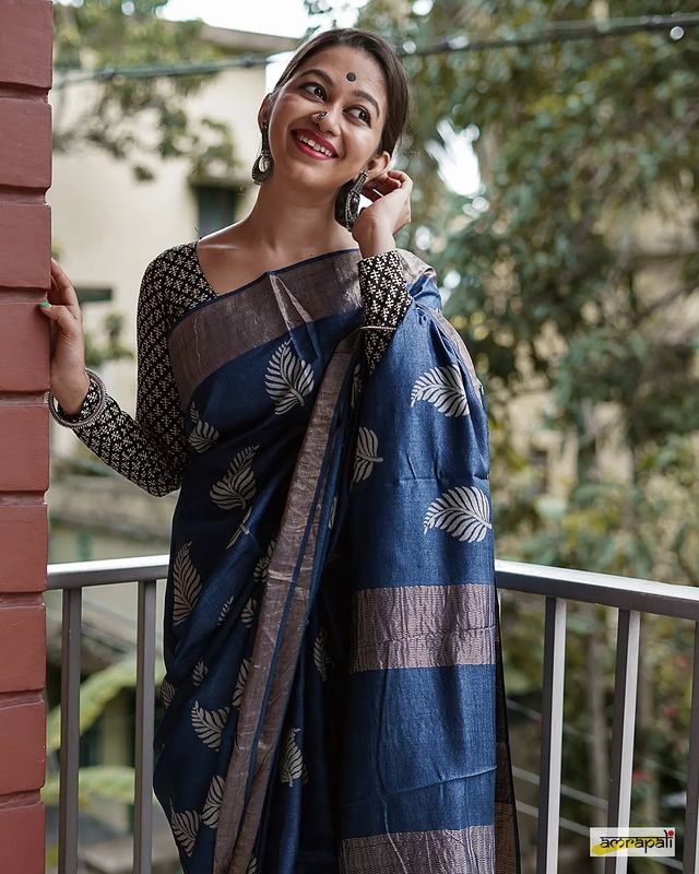 Banarsi soft silk saree with copper jari leaf weaving and jacquard blouse