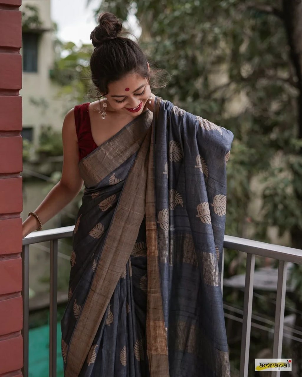 Banarsi soft silk saree with intricate copper jari leaf weaving and jacquard blouse