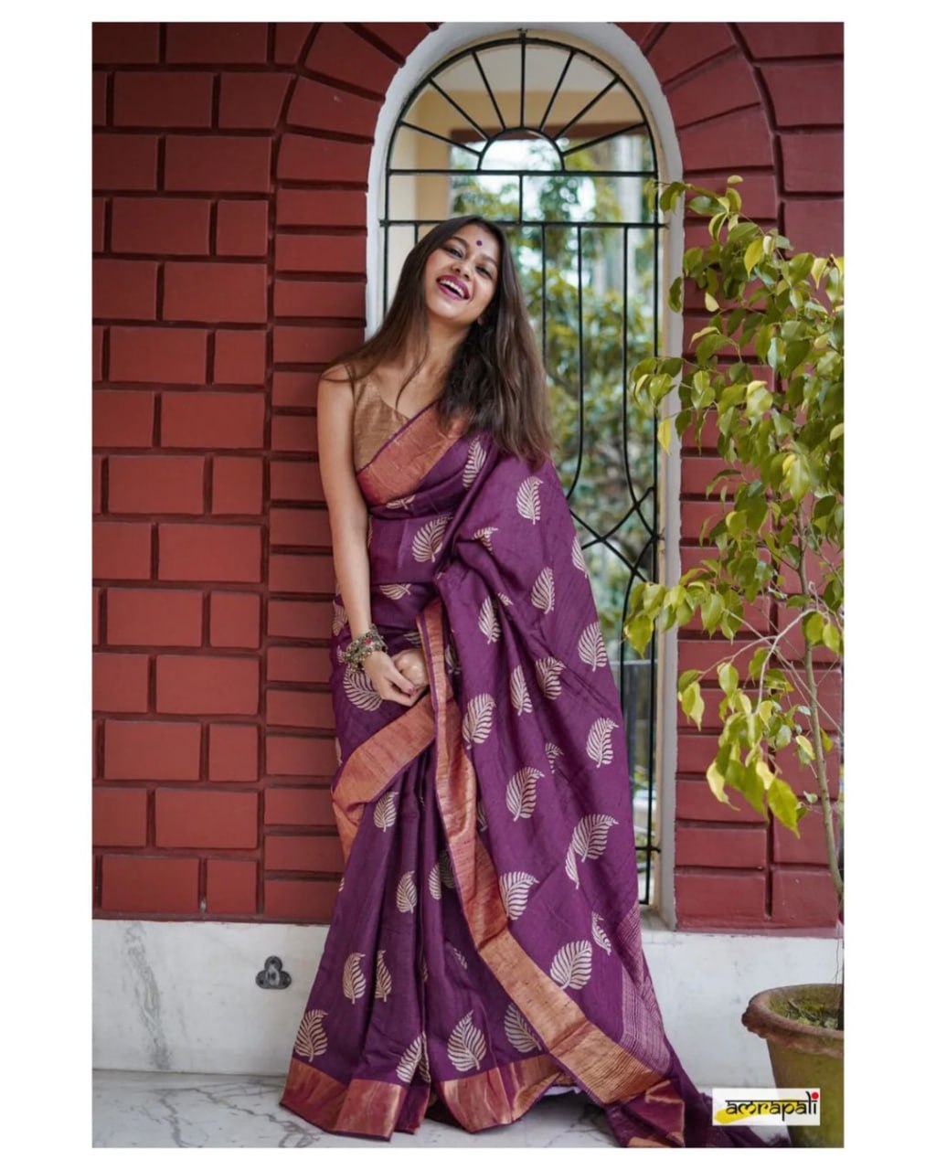 Banarsi soft silk saree with copper jari leaf weaving and jacquard blouse