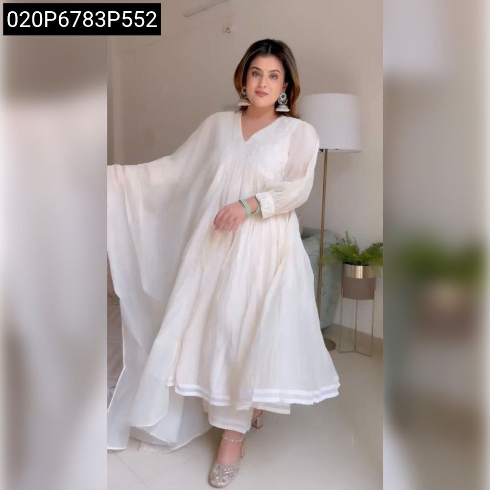 Full body shot of a woman modeling the TRENDBUY Off-White Chanderi Silk Anarkali Gown Set, featuring elegant embroidery and flowy dupatta.