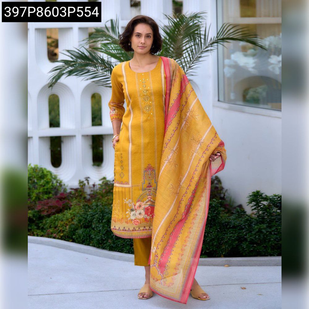 Full length shot of model wearing TRENDBUY Mustard Silk Blend Kurta Set with 3/4th sleeves and patterned dupatta.