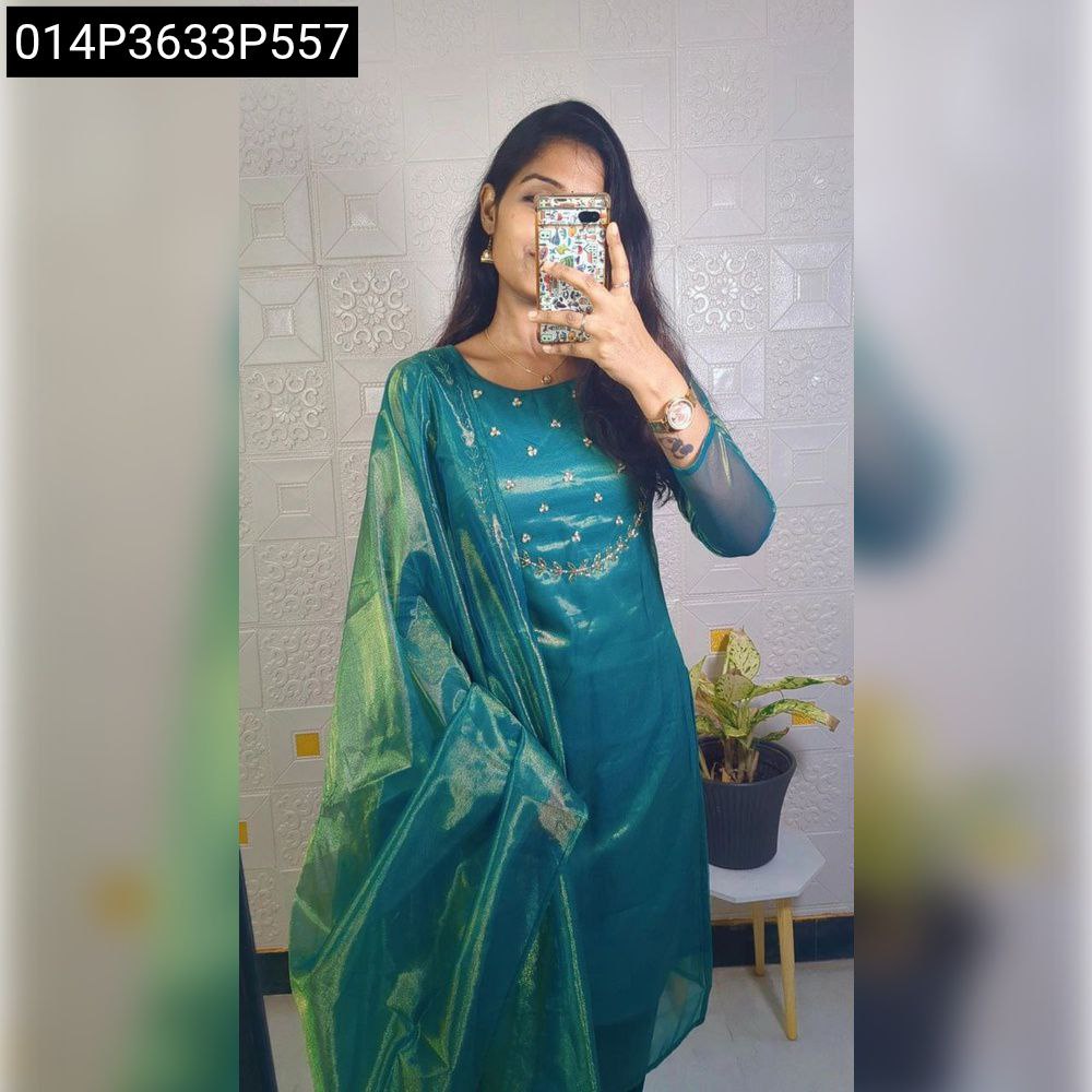 TRENDBUY Teal Green Twill Tissue Net Kurti Set with Dupatta, featuring handwork embroidery.