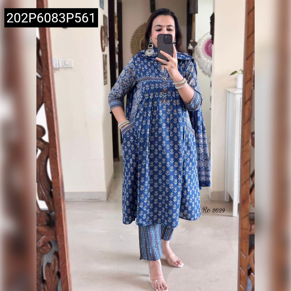 Full body shot of a model wearing a Royal Blue pure cotton printed suit set, featuring a pleated kurta and matching dupatta.