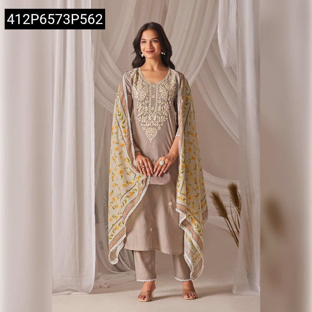 TRENDBUY model in grey Chikankari Chanderi Silk kurti set with floral digital printed dupatta, full body view against white drapes.