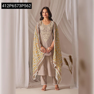 TRENDBUY Chikankari Chanderi Silk Kurti, Pant & Digital Dupatta Set