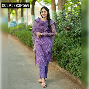 TRENDBUY Purple Kota Chex Digital Print Kurti Set with Dupatta