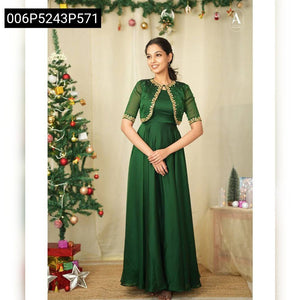 TRENDBUY Green Embroidered Georgette Gown & Shrug Set