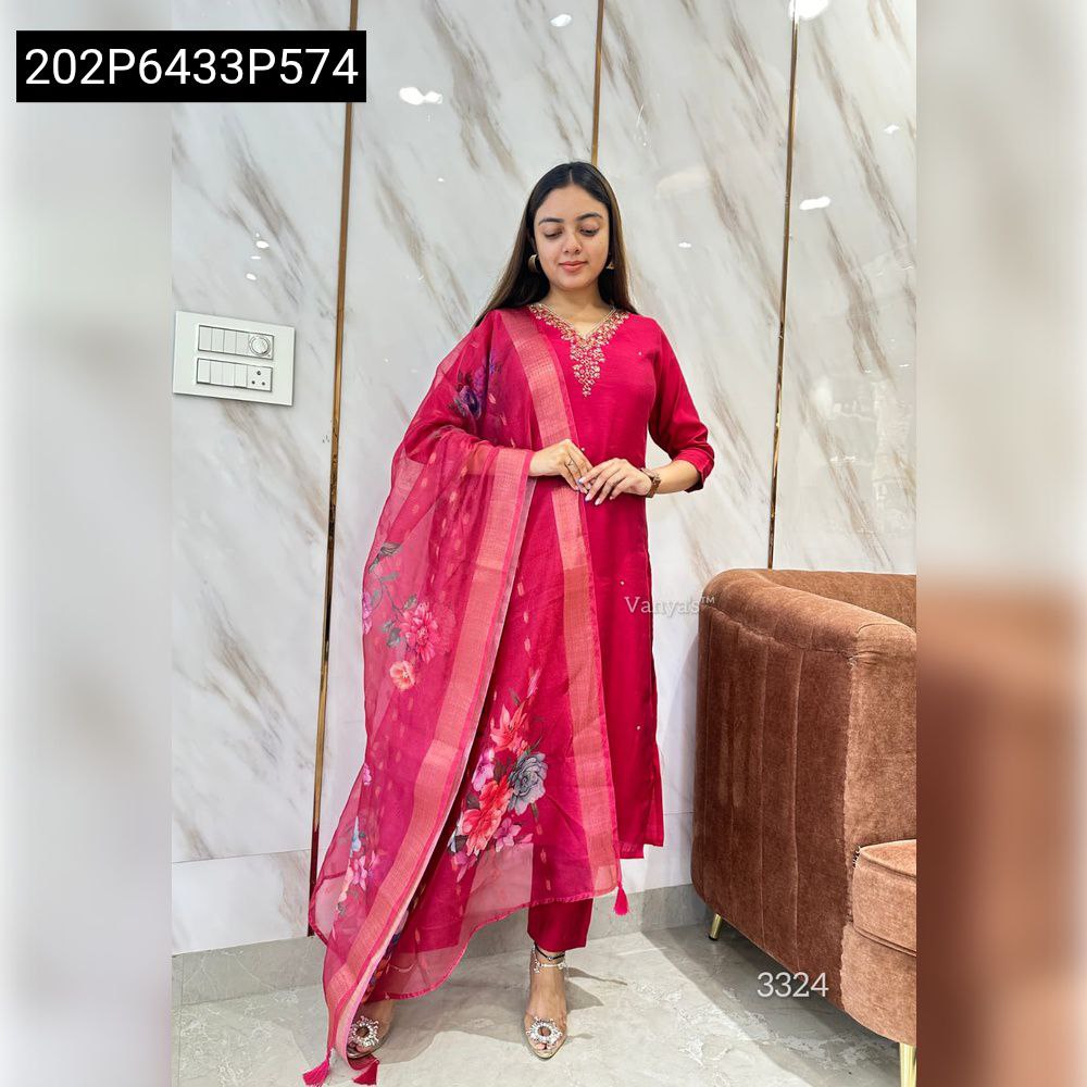 Full body shot of the model standing, showcasing the entire Tomato Pink Roman Silk suit set, digital print dupatta, and matching pants.